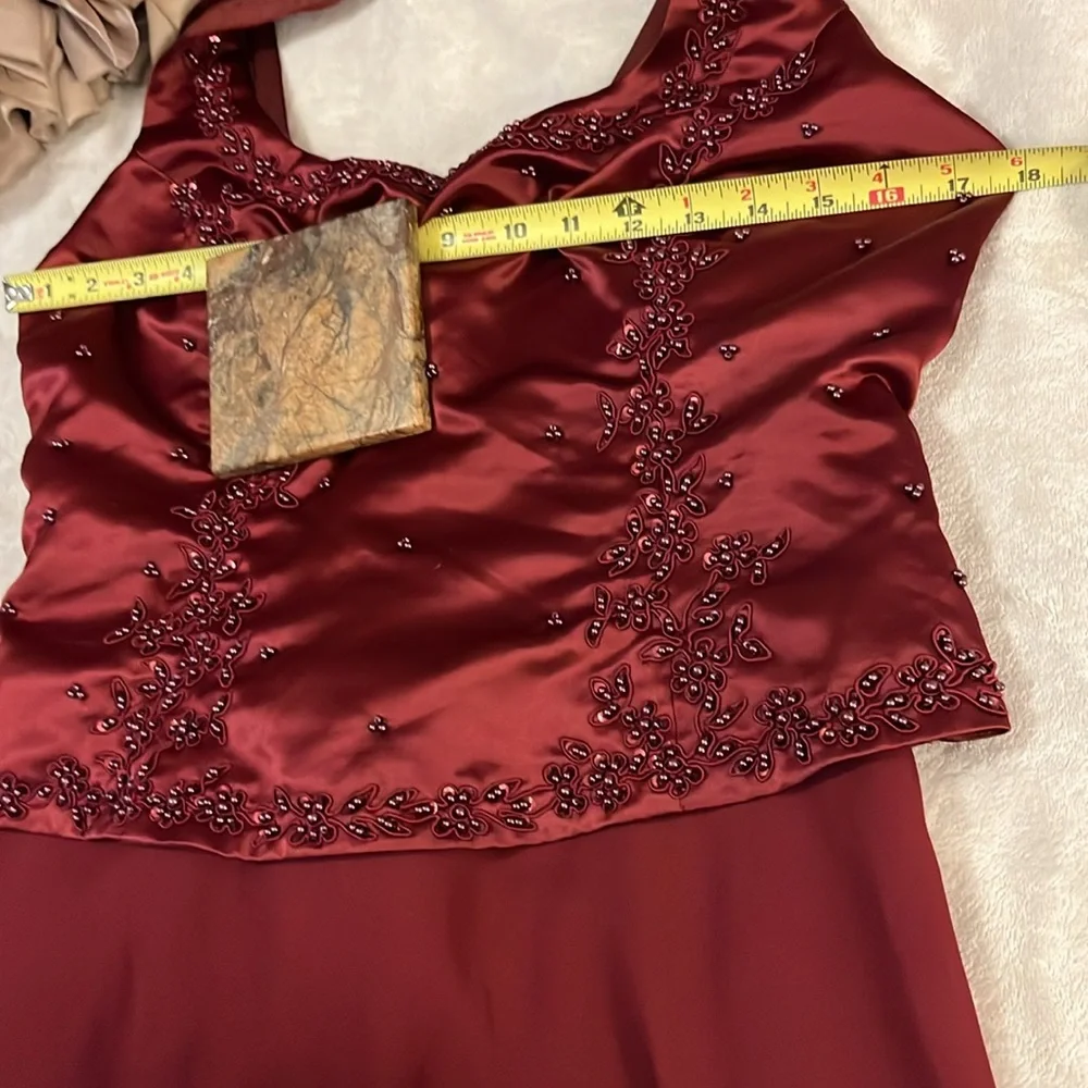 Rebecca Women’s Burgundy Merlot Dark Red Beaded Satin Sheer Formal Prom Gown L